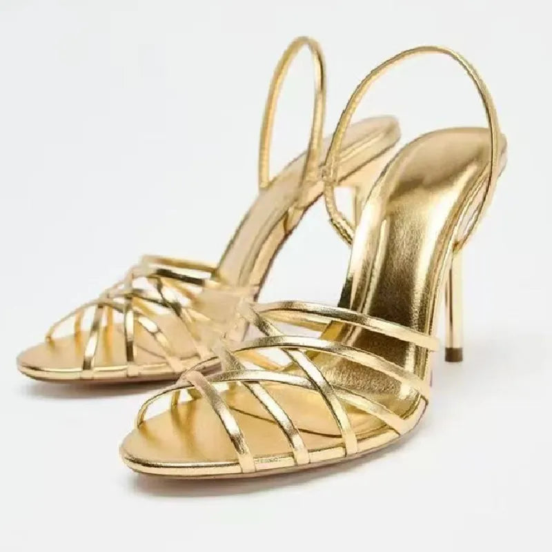 Luxury Gold Heeled Sandals Women Sexy Cross Narrow Strap Hollow Thin Heeled Bridal Pumps Fashion Back Strap Banquet Dress Heels