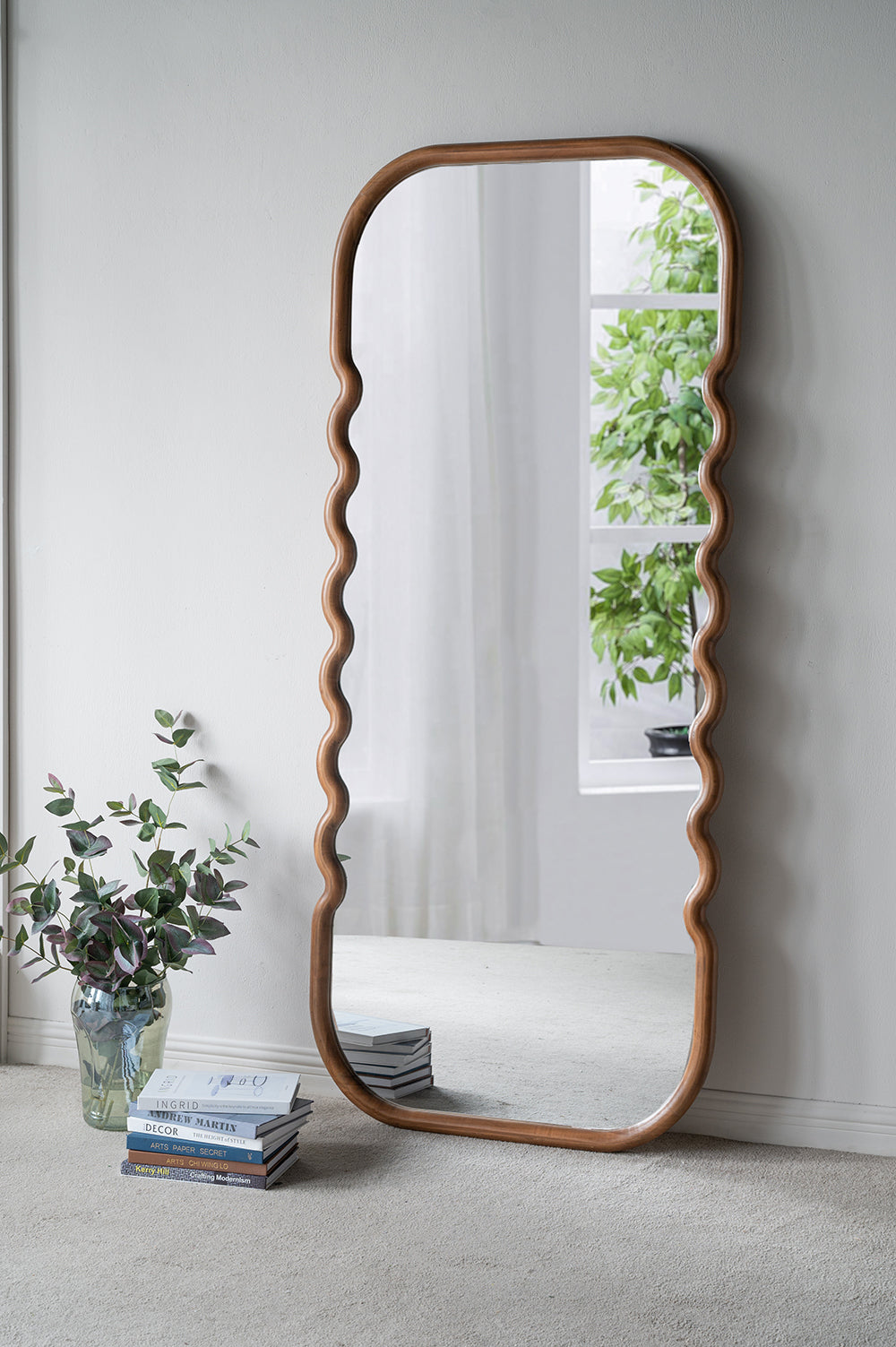 Oversized Curved Wood Frame Floor Mirror, Brown, 31.4 × 74 in