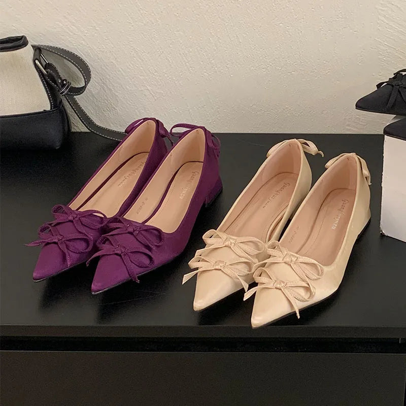 Butterfly-Knot Fashion Pointed Toe Ladies Heels Pumps Shoes 2025 New Silk Female Slip On Footwear Shallow Women Low Heel Shoes