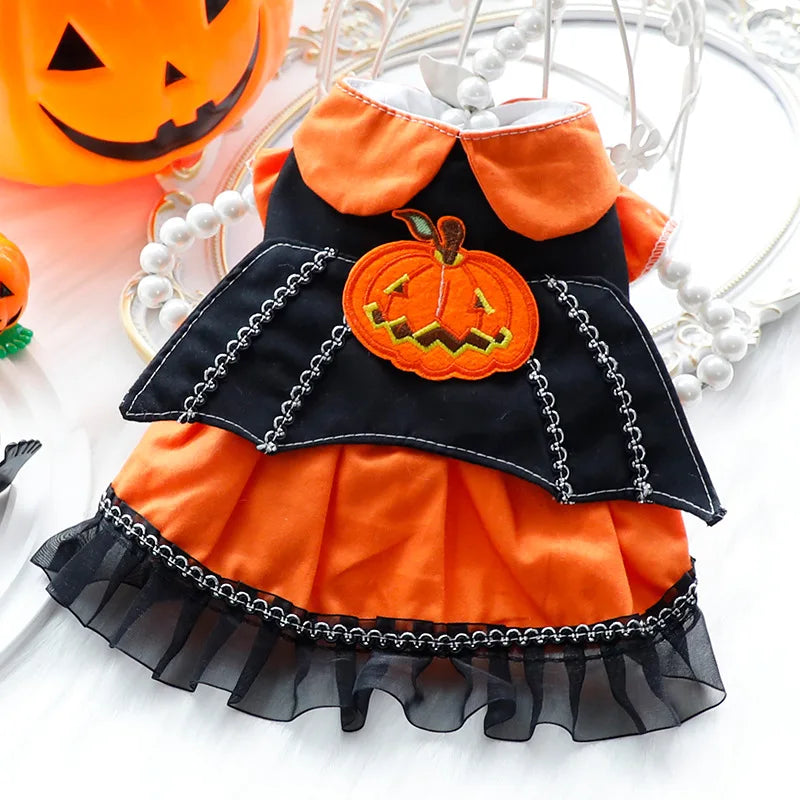Autumn New Puppy Cats Clothing Orange Pumpkin Halloween Princess Dress For Small Medium Dog Poodle Pet Clothes Party Dress Coat