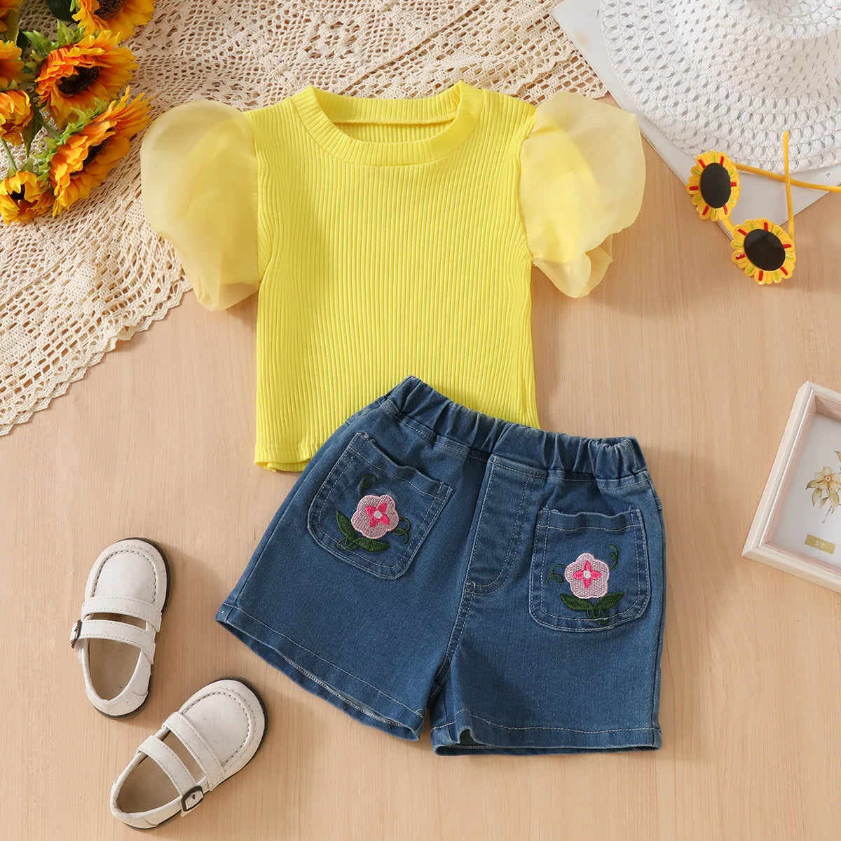 2025 Summer New Mesh Puffy Sleeve T-Shirt + Embroidered Denim Shorts 2 Piece Girl's Set