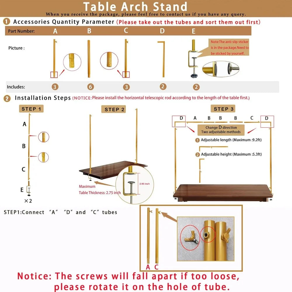 Over The Table Rod Stand with Clamps Adjustable 46"-100'' Length 29"-55" Height Gold Table Balloon Arch Stand with Storage Bag,