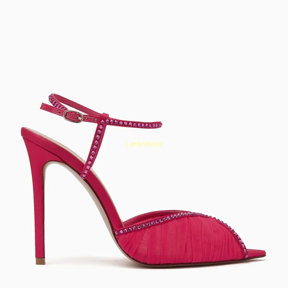 Crystal Peep Toe Ankle Buckle Strap Sandals Sexy Pointed Toe Oversize 46 Shallow New Arrials Fashion Women Modern Shoes