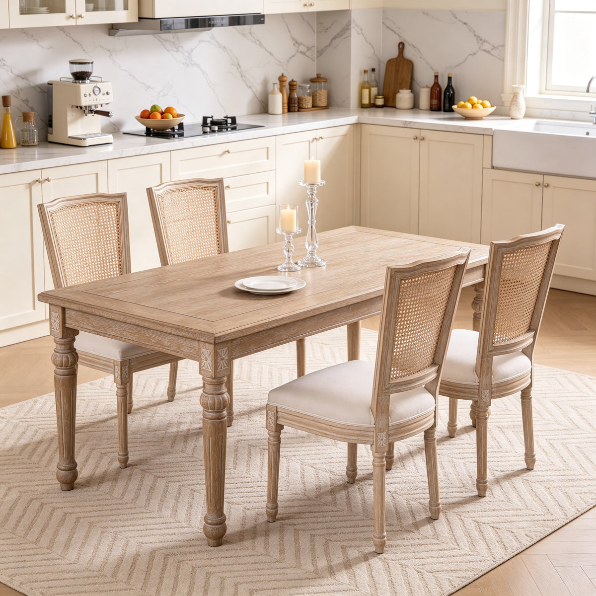 Dining Chairs Set of 2 with Rattan T-Backs and Beige Linen Seats,