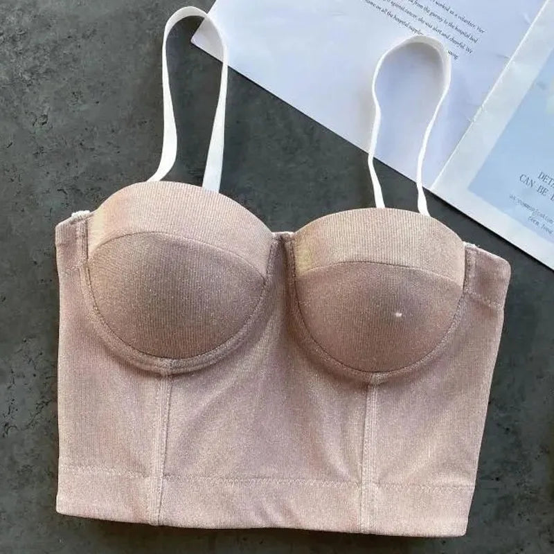 Women's Shiny Sexy Bra Corset Girls Push Up Cropped Tops Lady Halter Bling Bustier Tube Night Club Cool Camis Tanks Lingeries