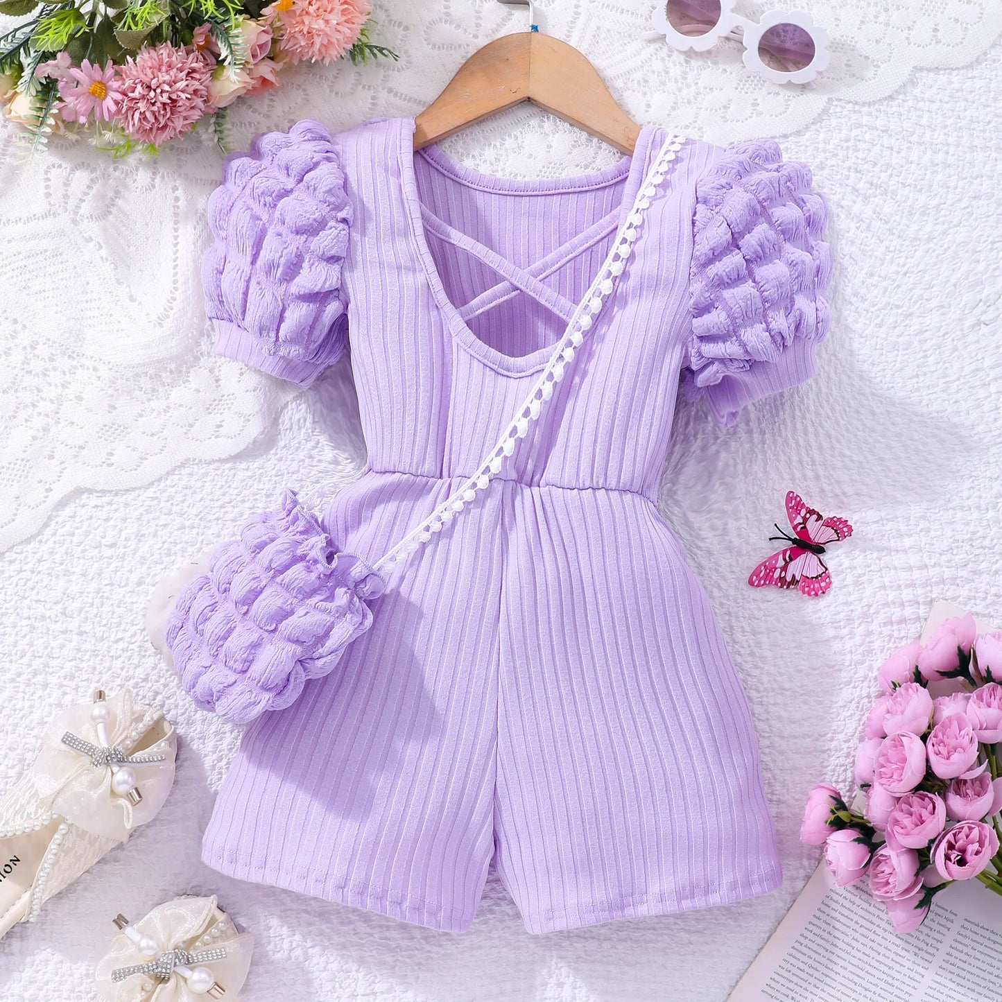 【Free Bag】 KIds Girl Jumpsuit Baby Girl Set Summer Short Sleeve Shorts Leisure Beach Children Clothes Floral Belt Outfit 2-7 Yrs
