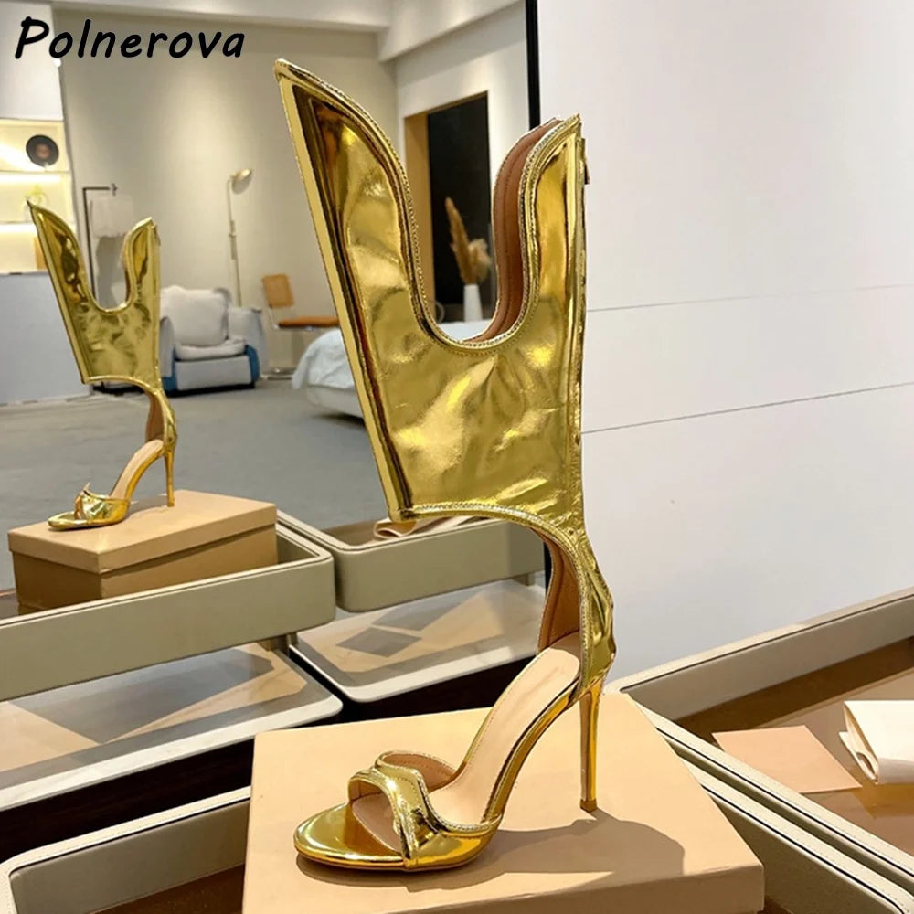 Wave Shape Straight Strap Sandals Ankle Band Silvery Gold Back Zipper Leather Shoes Summer Sexy Stiletto Fashion Sandals 2025