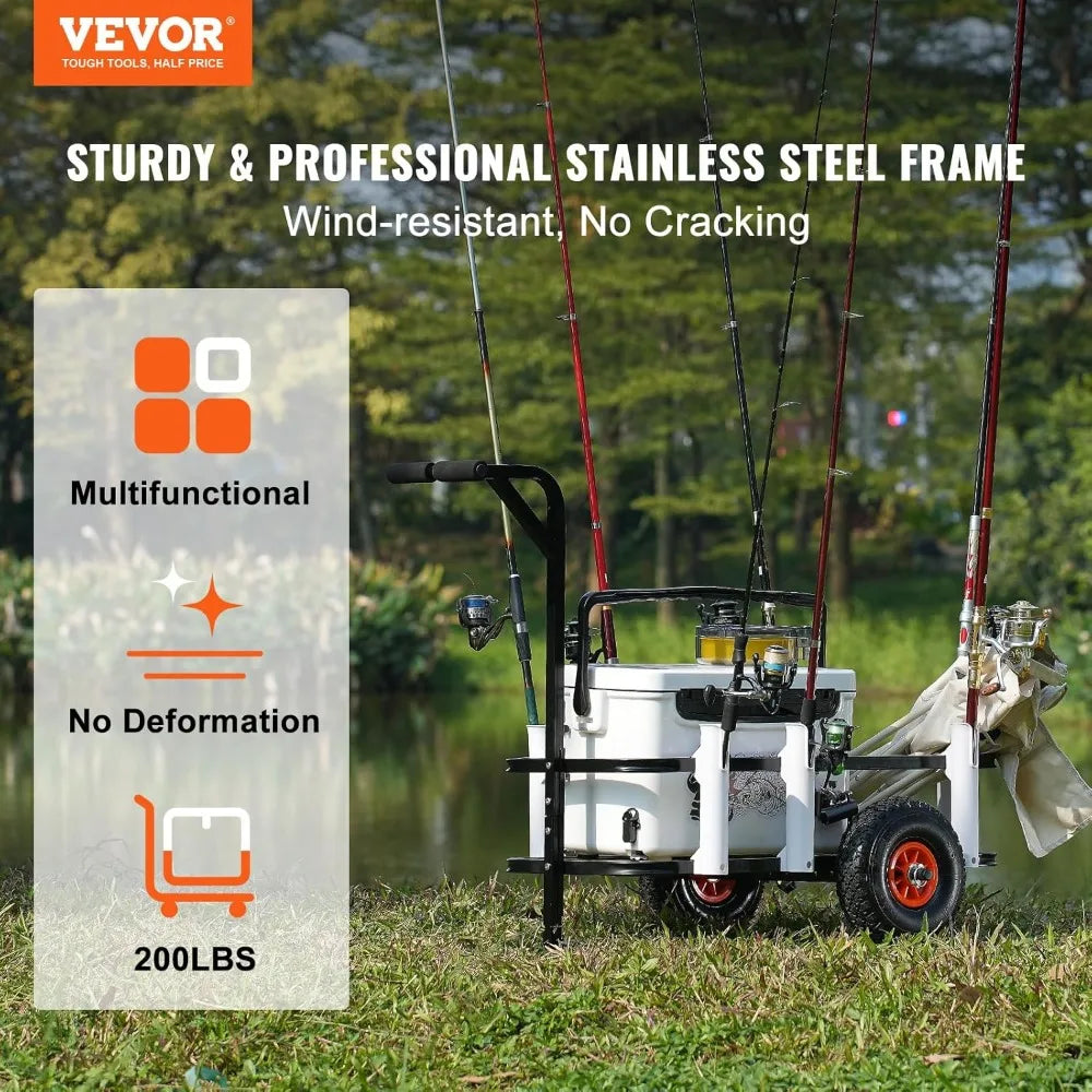 Beach Fishing Cart, 200 lbs Load Capacity, Fish and Marine Cart with Two 11" Big Wheels Rubber Balloon Tires for Sand, Heavy-Du