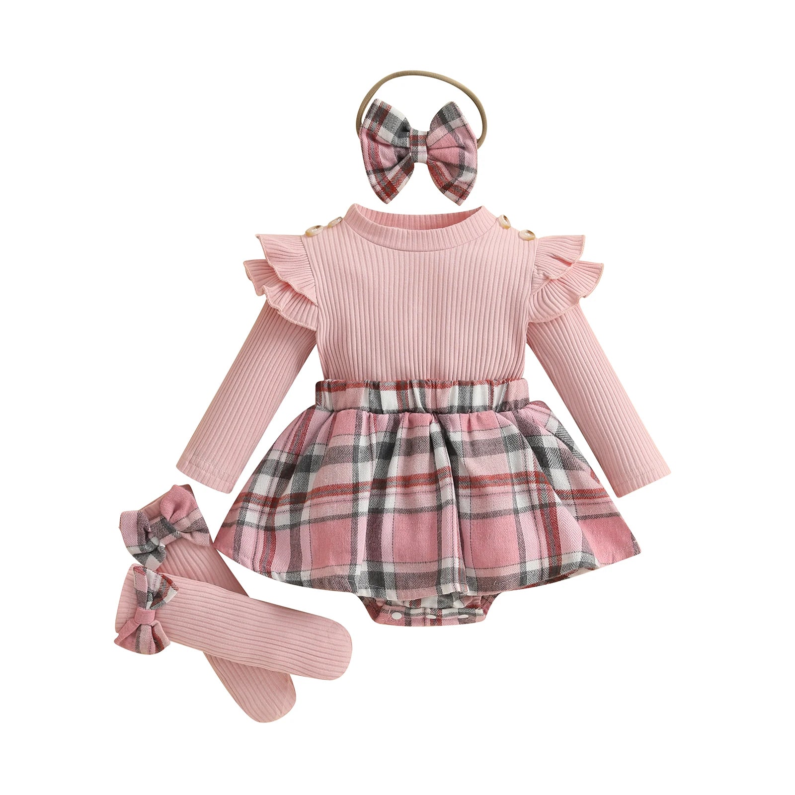 SUNSIOM 0-18 Months Baby Girl Rompers Outfits Long Sleeve Plaid Print Skirt Bodysuit with Headband Socks Set Infant Fall Clothes