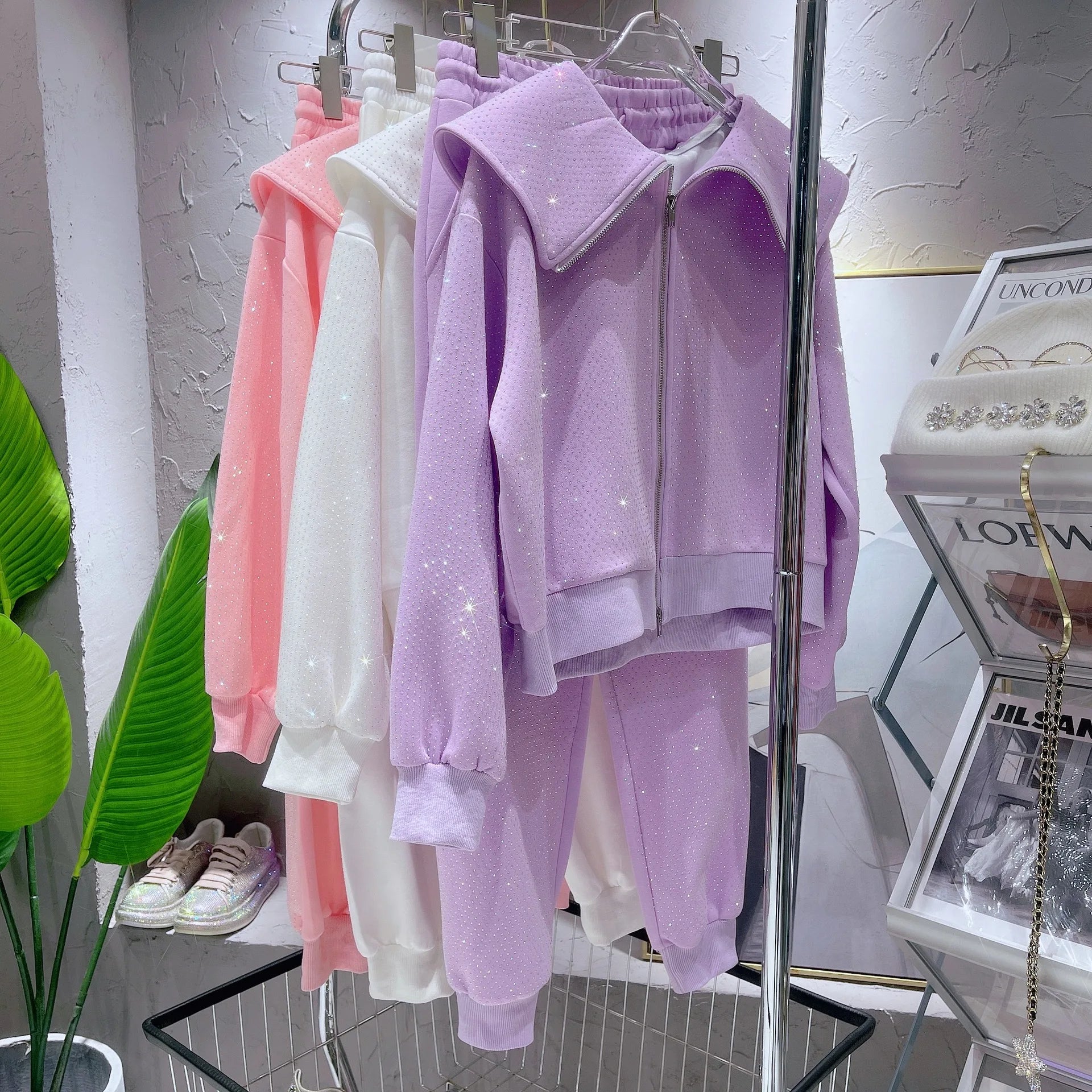 Spring 2023 Hot Drilling Sports Tracksuit Women Doll Collar Sweet Pink Cardigan Coat Outerwear Casual Sweatpants Two-Piece Sets