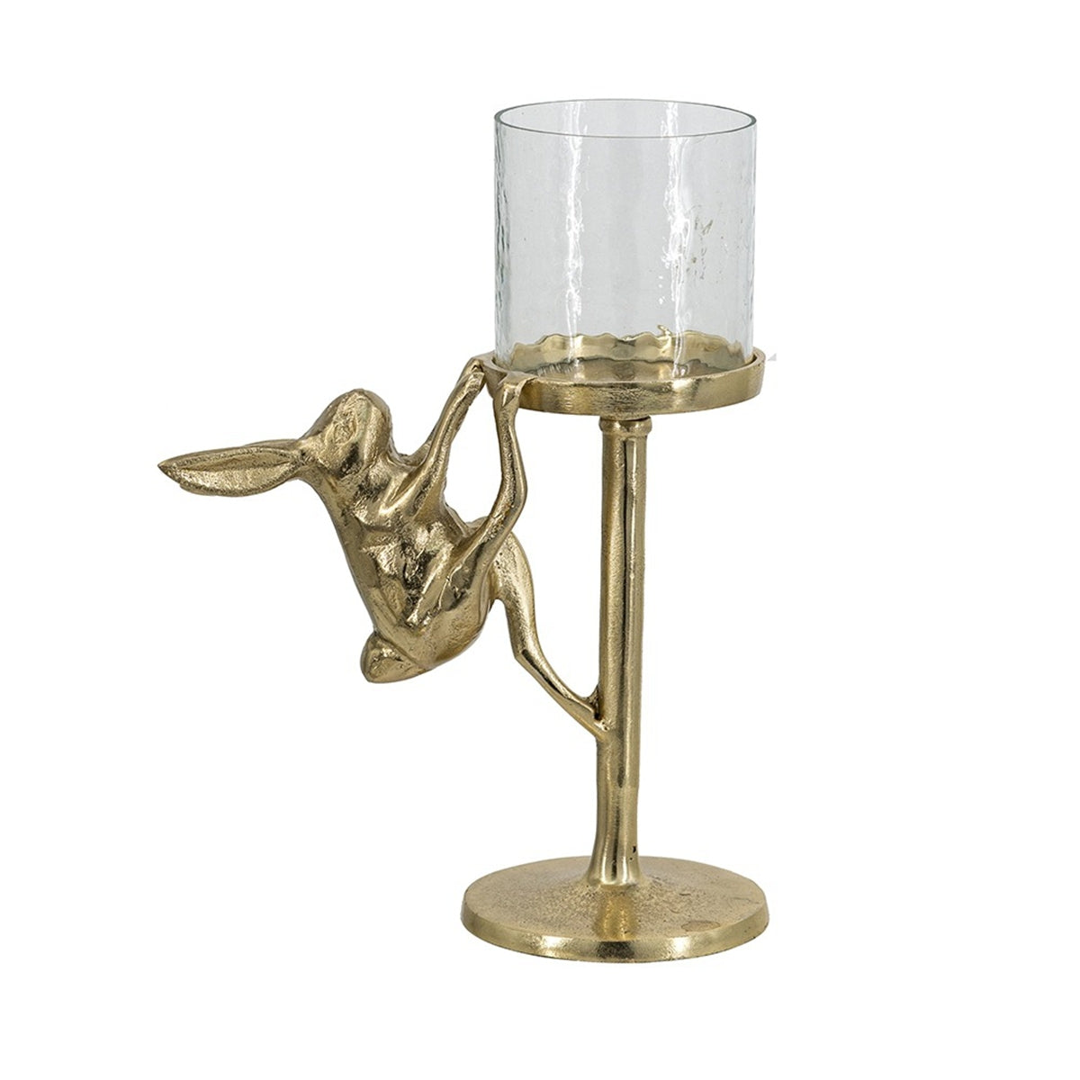 Gold Rabbit Pillar Candle Holder with Glass Hurricane, 11 in Tall