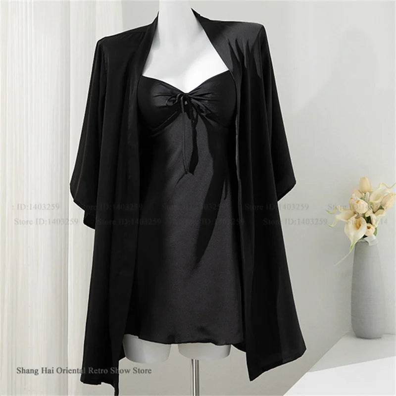 Female 2PCS Robe Nightgown Set Pajama Sexy Suspender Nightdress Lingerie Summer Kimono Bathrobe Gown Rayon Homewear Lounge Wear