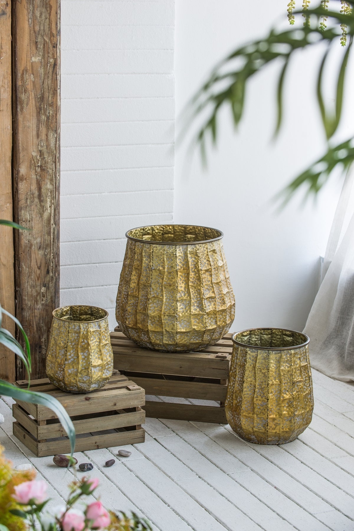 Set of 3 Distressed Antique Yellow Metal Planters, 14 in Tall