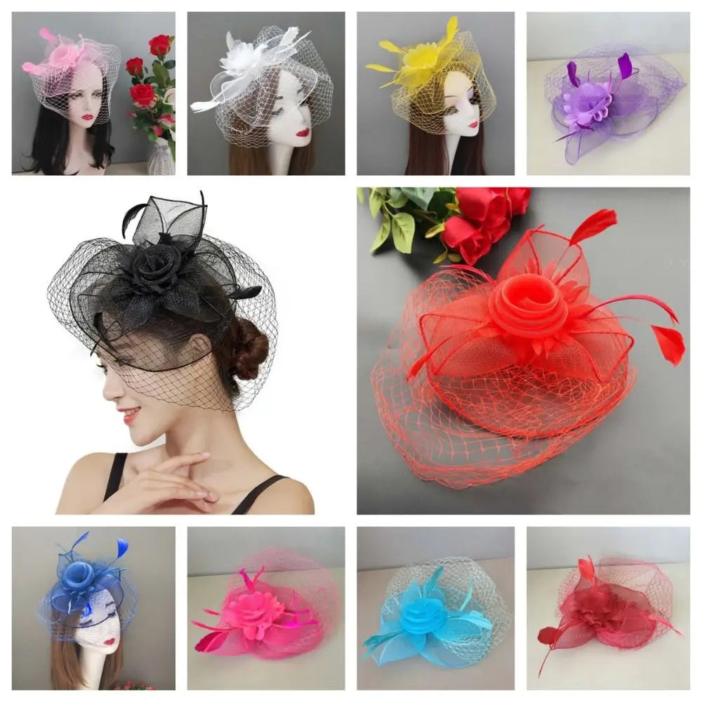 Fashion Feather Mesh Fascinator Hat Bow Elegant Veil Hat Headwear Hair Hoop Headdress Bride Headband Wedding