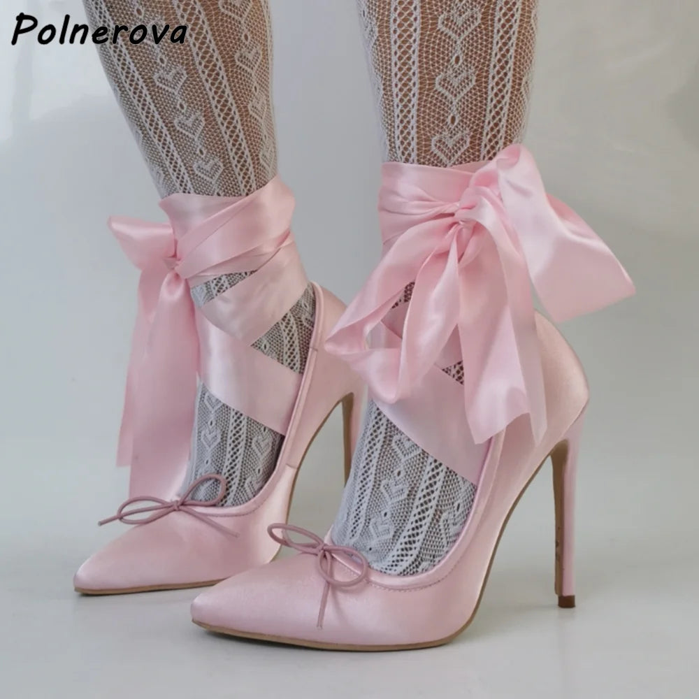 Stain Pink Butterfly Knot Pumps Ankle Band Bows Shallow Pointy Toe Thin Heels Sweet Lolita Shoes Women's Stiletto Summer Pumps