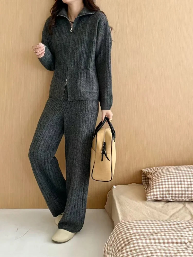 SMTHMA 2025 New Autumn Winter Zipper Turndown Collar Soft Knitted Sweater Two-Piece Set Casual Long Pants 2 Piece Outfits