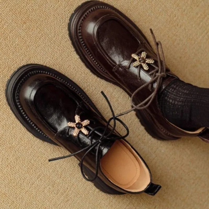 Block Heel Loafers Autumn New Round Toe Deep Mouth Front Lace-Up Rhinestone Non-Slip Wear-Resistant Platform Single Shoes
