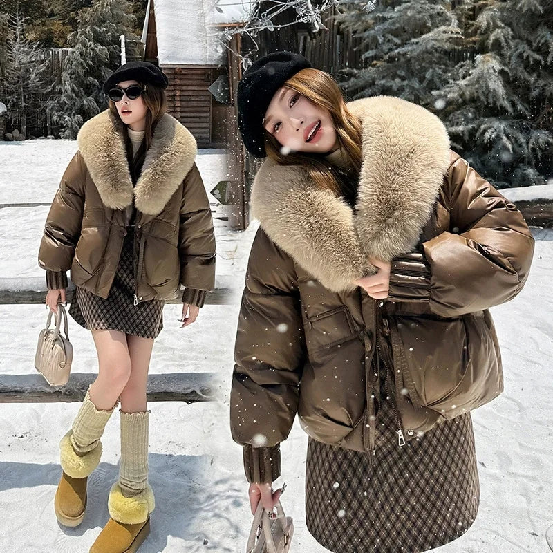 Winter Women Down Cotton Coat Street Imitation Fur Collar Hooded Short Cotton Padded Jacket Female Basic Snow Warm Overcoat 2025