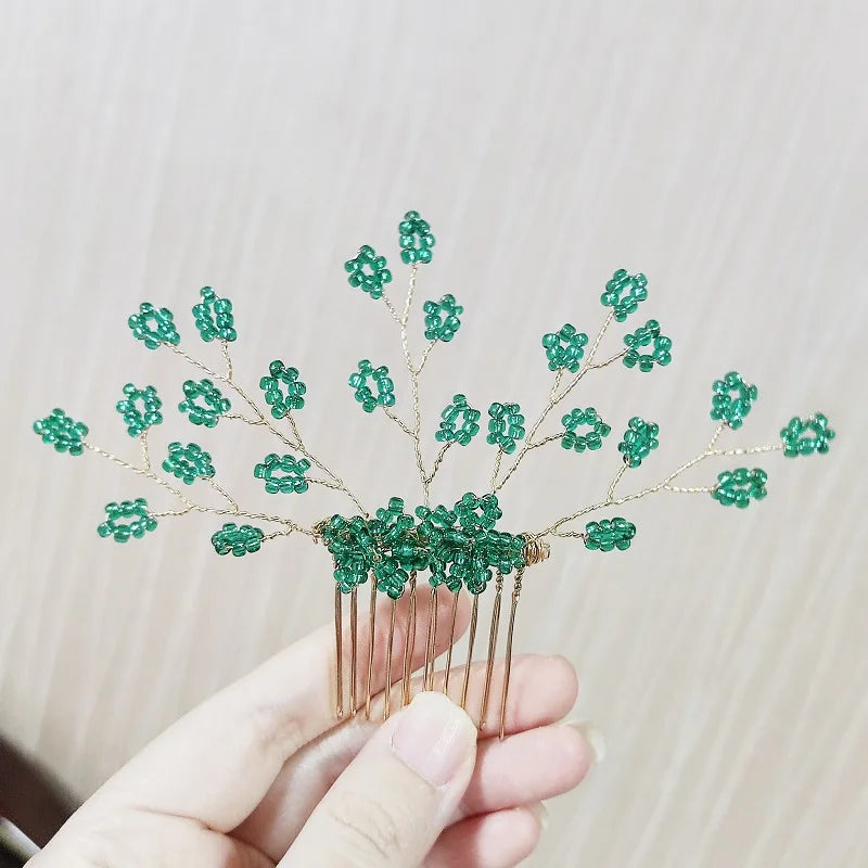 Green Color Rhinestone Hair Combs Bridal Hair Jewelry Leaf Hairpins Pearls Hairpins Bride Wedding Headdress Headband