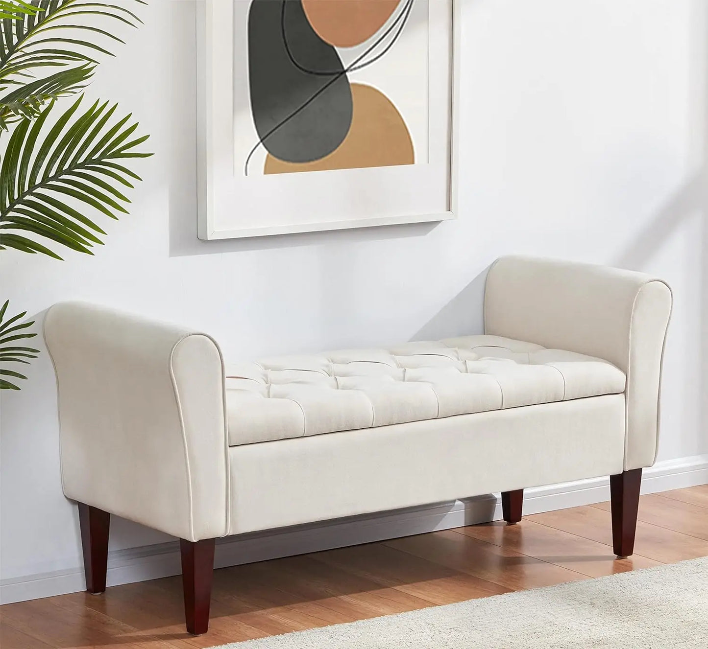 50.4" Arm Storage Bench with 7.5-inch Solid Wood Legs, Button-Tufted Storage Ottoman, Upholstered Window