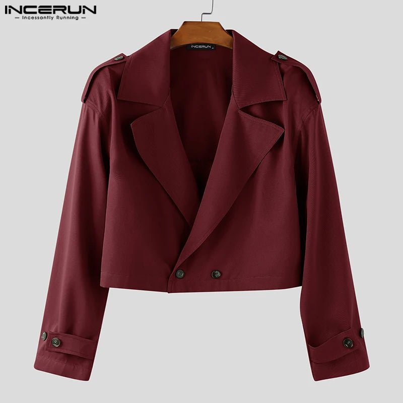 INCERUN Men Jackets Solid Color Lapel Long Sleeve Button Casual Crop Coats Men Streetwear Autumn 2025 Fashion Jackets Outerwear