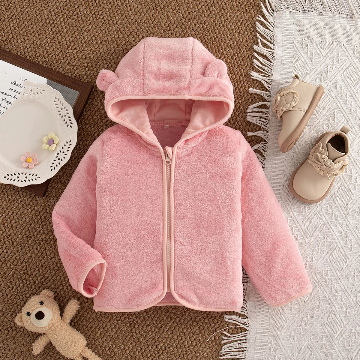 Autumn Winter Baby Girl Plush Coat Simple Zipper Hooded Long Sleeved Cotton Coat Girl Outward Keep Warm Clothes