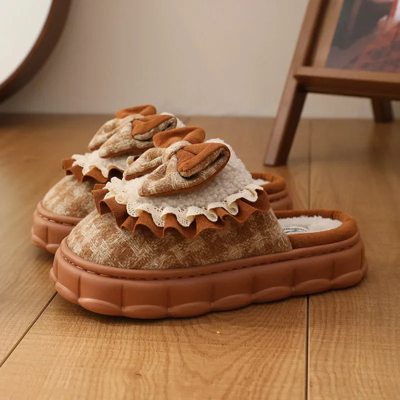 Women Winter Fashion Butterfly-Knot House Slippers Ladies Warm Flat Casual Shoes Female Soft Outdoor Versatile Bow Footwear