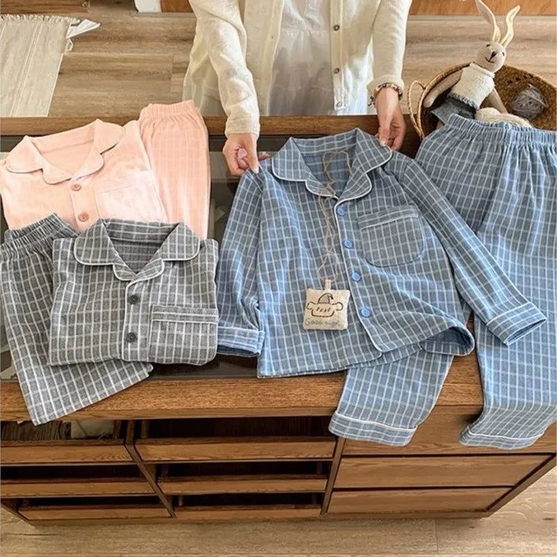 Baby Girl Boy Plaid Pajamas Set Toddler Teens Child Sleepwear Solid Kids Home Suit Spring Autumn Winter Baby Clothes 3-14Y