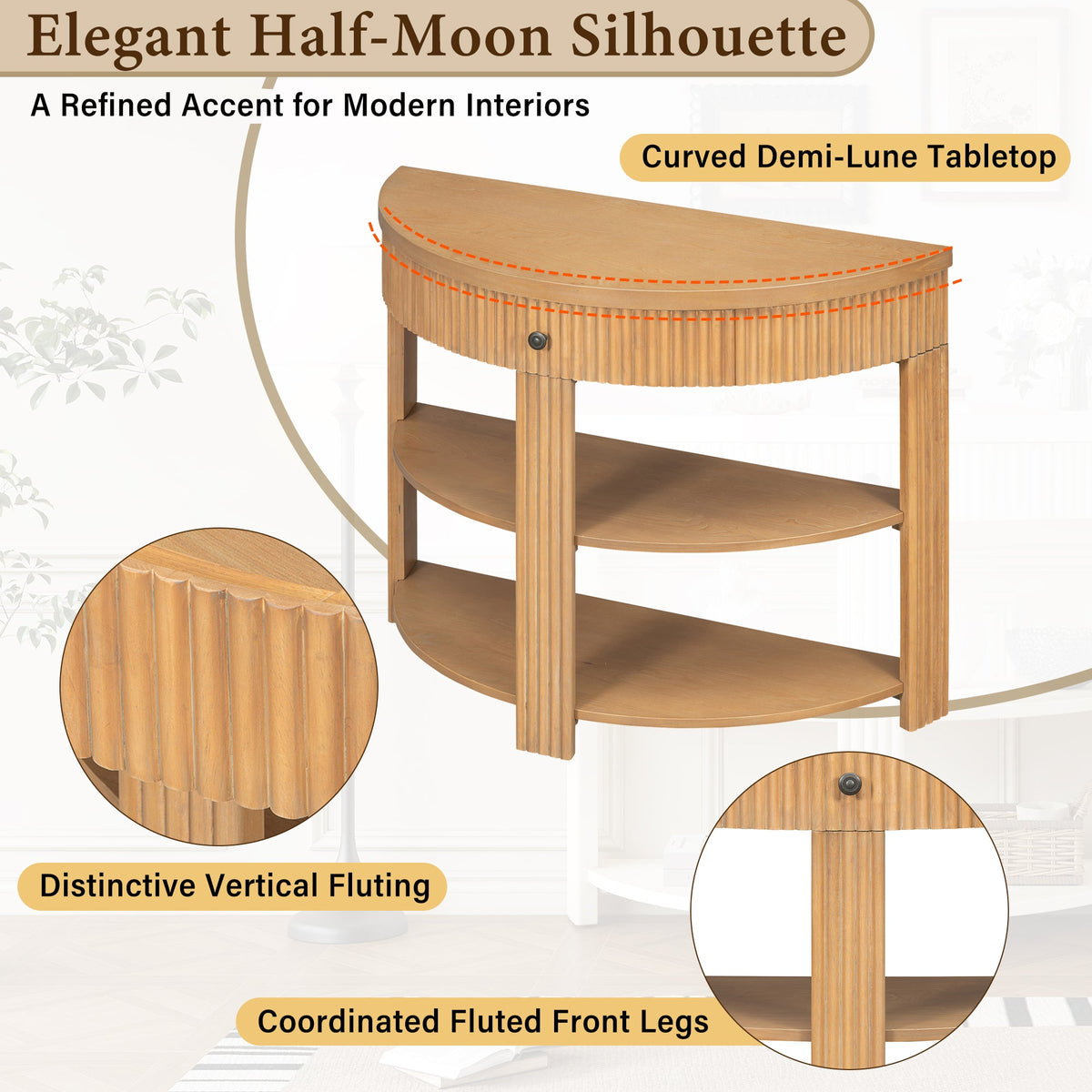 Fluted Half Moon Console Table with Drawer and 2 Shelves for Entryway,
