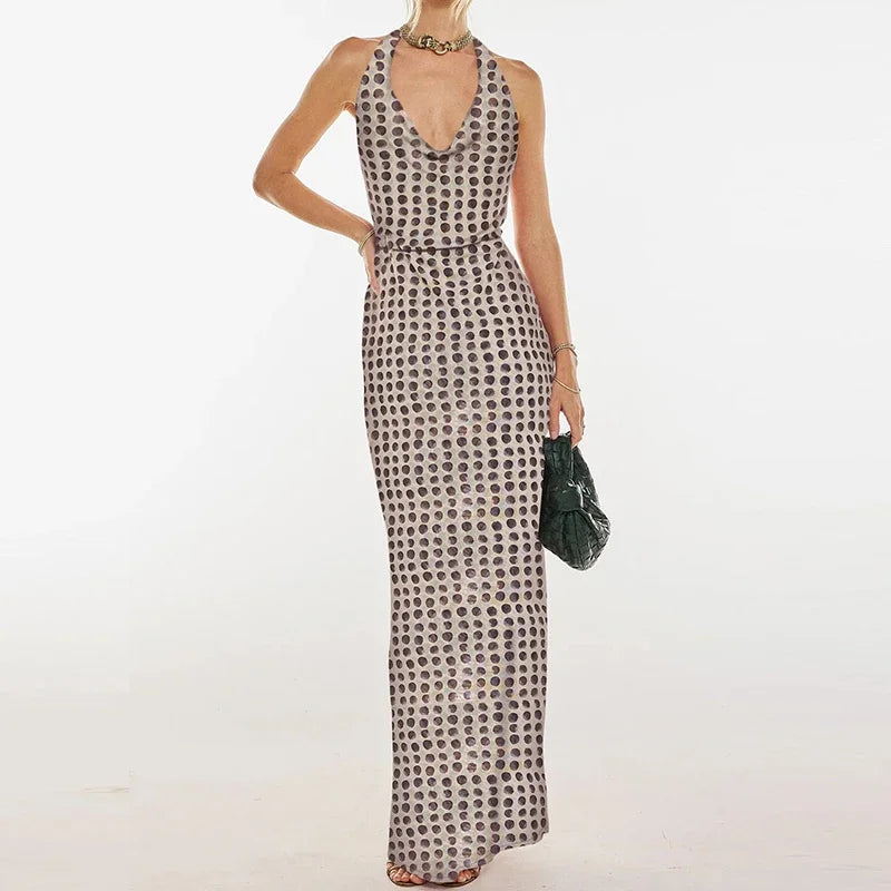 Sexy Sleeveless High Waisted Beach Dress Casual Printed Backless Long Dress 2025 New Women's Neck Hanging Hollow Slim Fit Dress