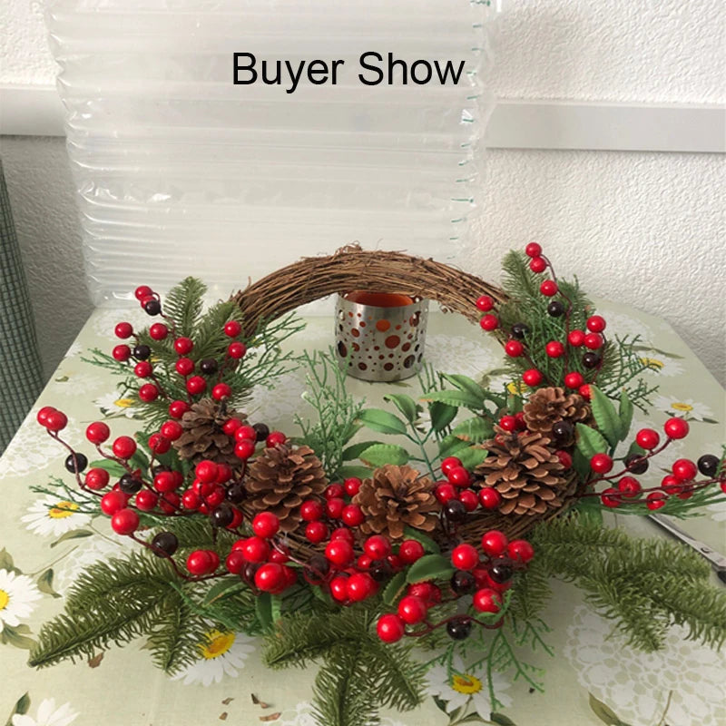 Christmas Rattan Wreath Pine Natural Branches Berries Pine Cones  Christmas Wreath Supplies Home Door Decoration For New Year's