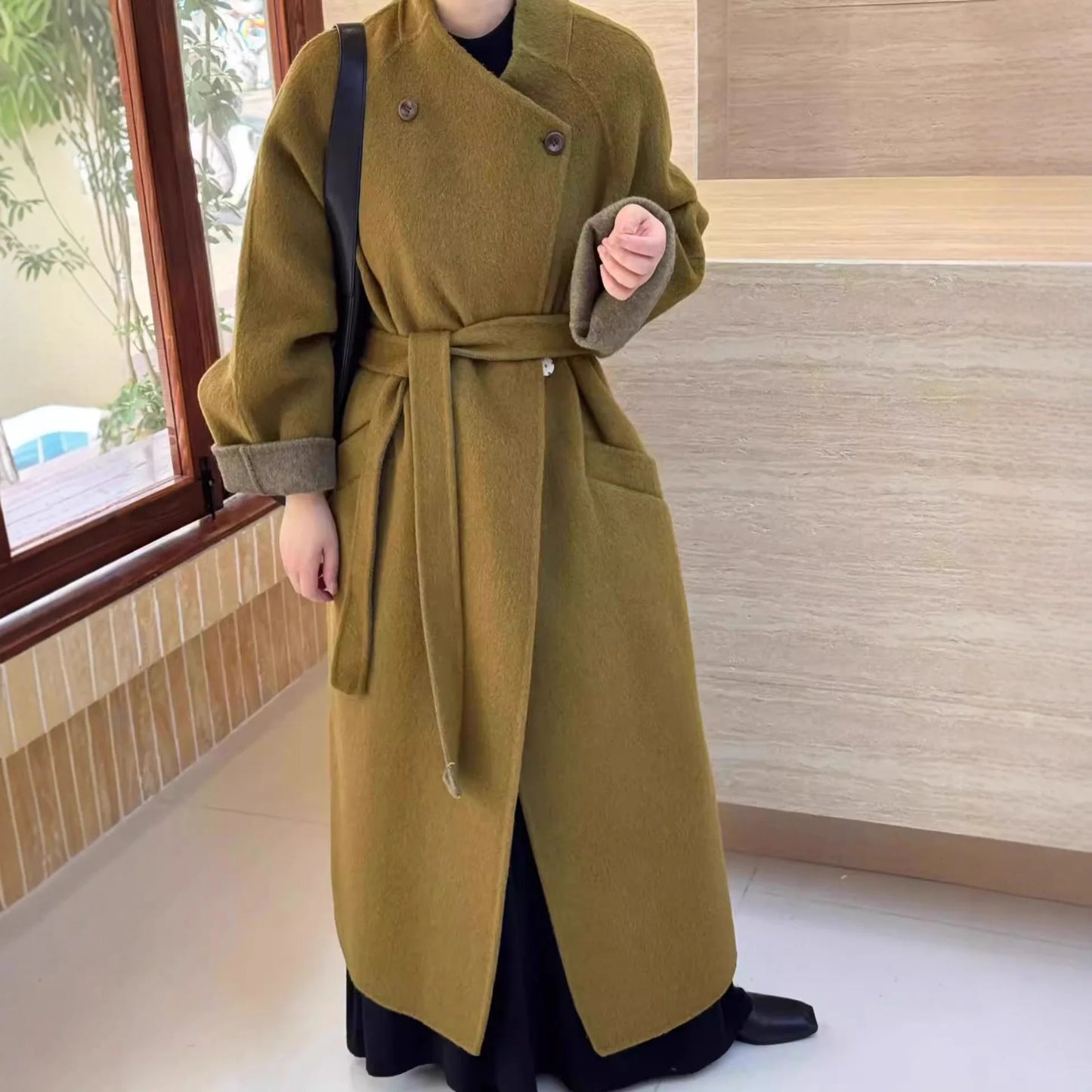 Fashion Elegant Large Lapel Double-Sided Wool Coat for Women Autumn Winter High-End Tie-Up Versatile Loose Slim Woolen Jacket