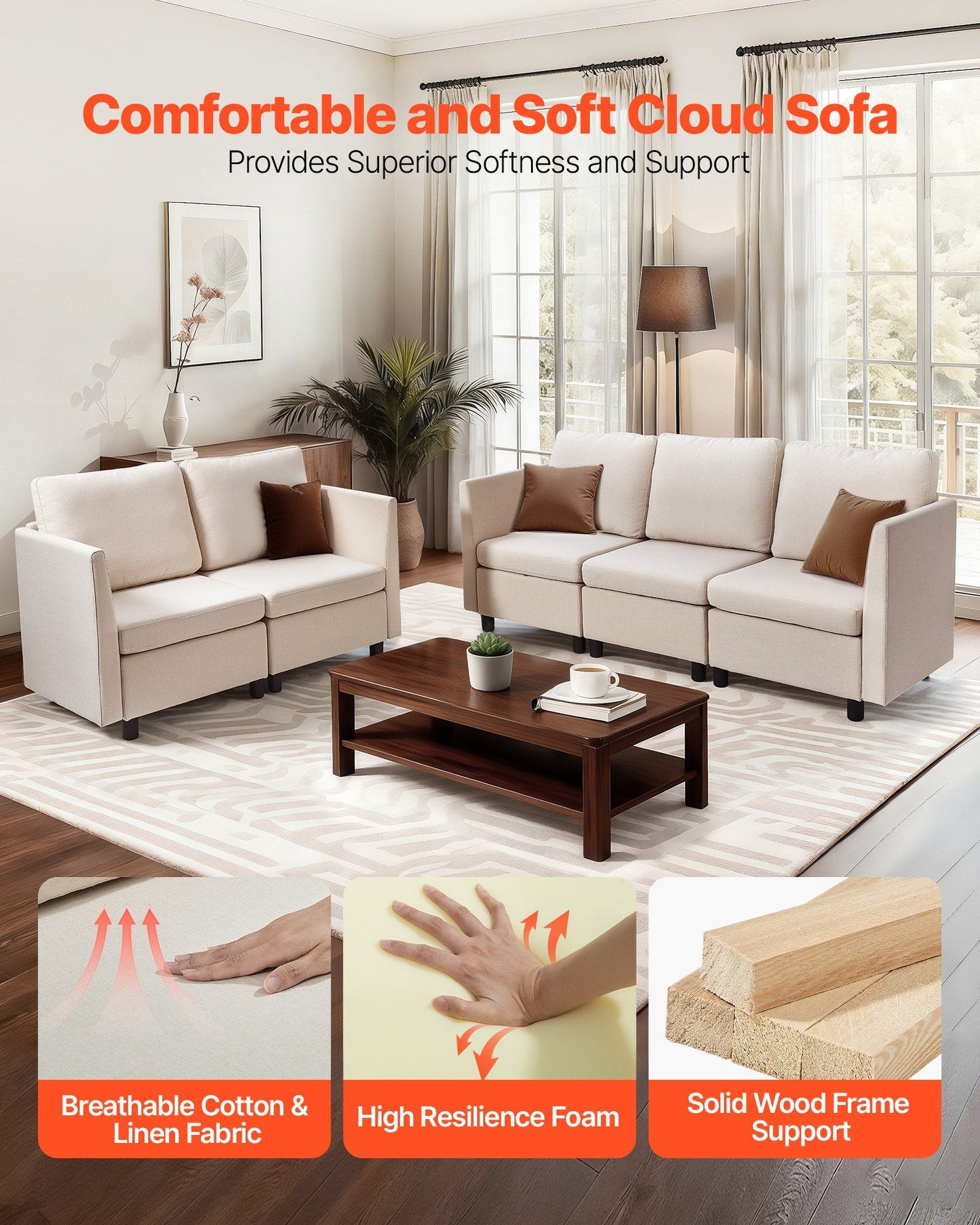 Modular Sectional Sofa, Modern 5-Seater Modular Sofa With Hidden