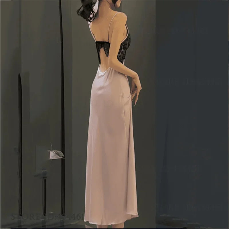 Sexy Women's Nighty&Robe Set Long Kimono Bathrobe Gown Spring Summer New Sleepwear Home Dress Satin Backless Nightgown Lingerie