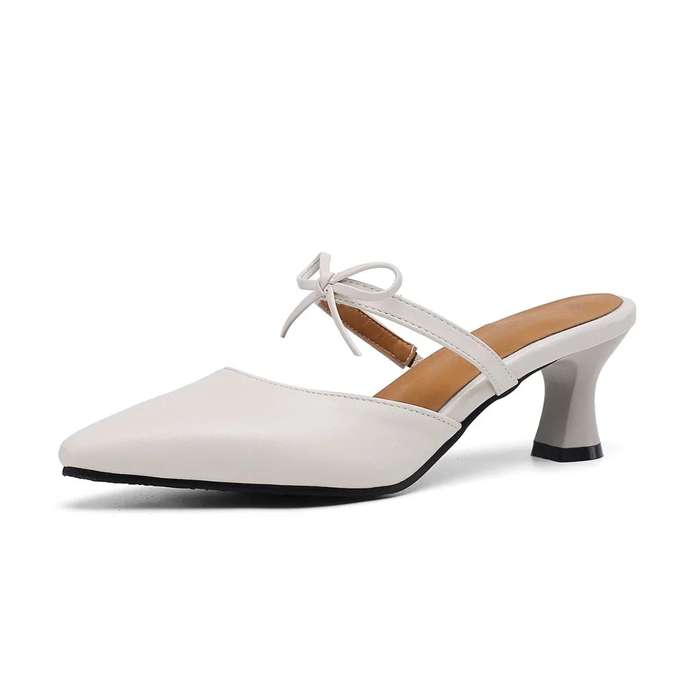 New Summer Fashion Black Apricot Women Causal Mules Pointed Toe High Heel Lady Nude Shoes Plus Big Small Size 31 43 46