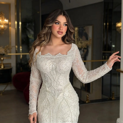 Luxury Mermaid Wedding Dress Detachable Overskirt Long Sleeve Off Shoulder Beaded Lace Bridal Gown Custom Wedding Robe For Bride
