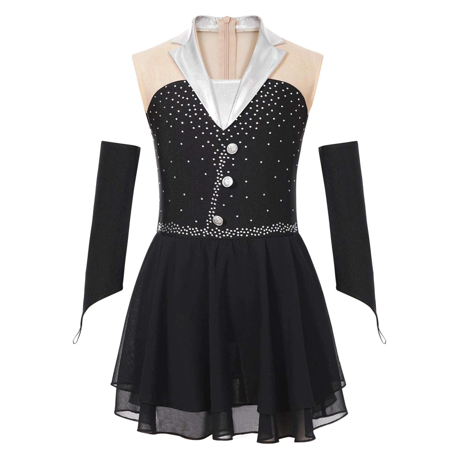 Kids Girls Shiny Ballet Skating Tuxedos Leotard Dress with Gloves Children Lyrical Dance Costumes Latin Cha-cha Stage Dancewear