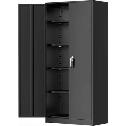 Office, home, garage, school storage cabinet; metal; black; 72 H x 36 W x 18 D with 2 doors and 4 adjustable shelves