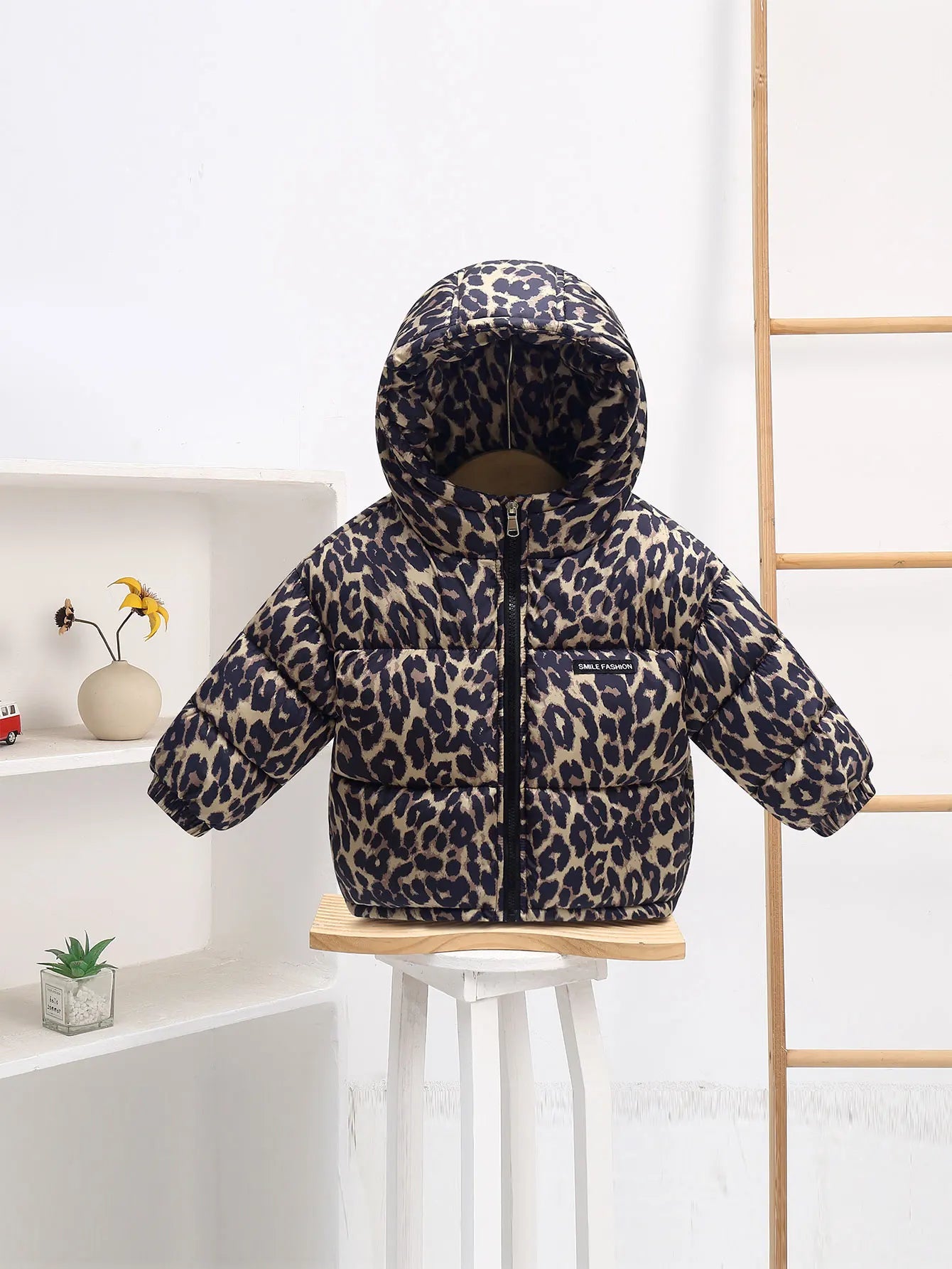 New autumn and winter fleece thickened wool lining cloth leopard print cloth for boys and girls cute baby hooded cotton clothes