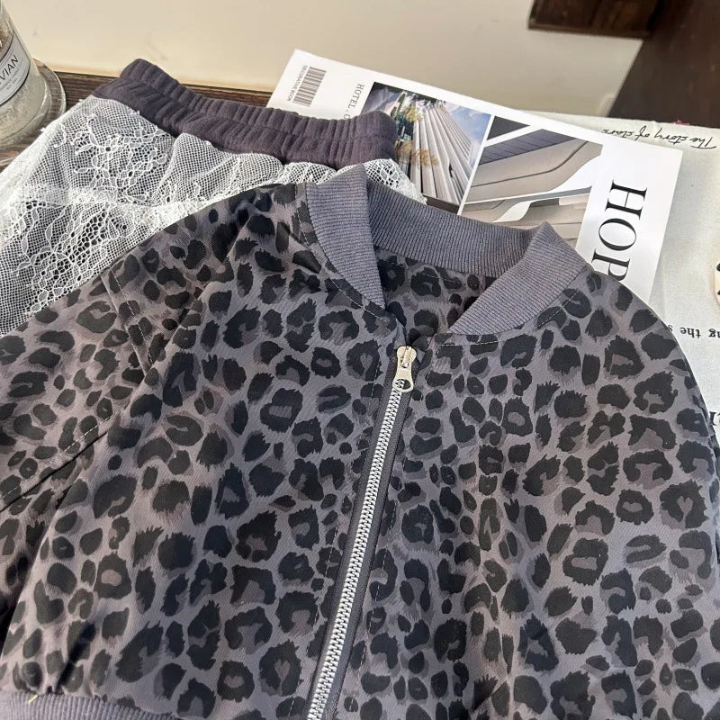 Korean Children Clothing 2025 New Autumn Girls Leopard Print Coat Children Stylish Fart Curtain Lace Flared Pants Two-piece Set
