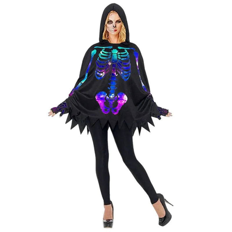 Parent-child Skeleton Costume Cloak Cape Poncho for Child Adult Unisex Scary Halloween Costumes Fancy Dress Outfit Fluorescence