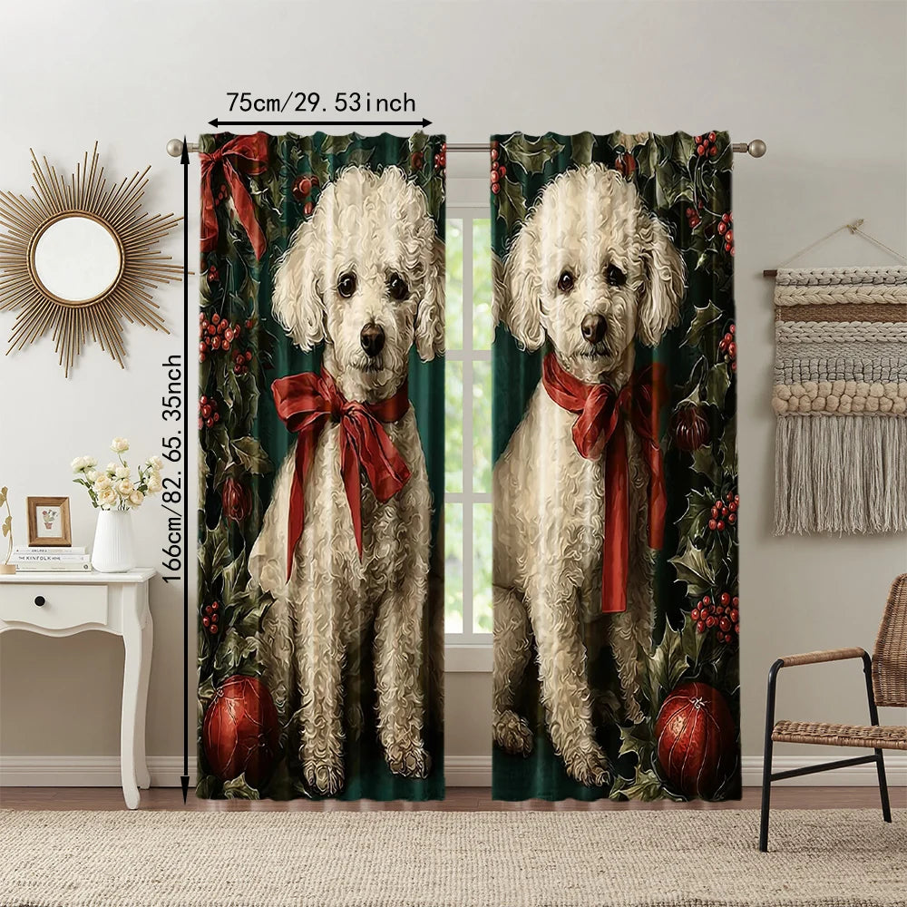 2pcs 2D flat printing Window Curtains Christmas Dog Versatile 100% Polyester Without Electricity Versatile for Classroom Office