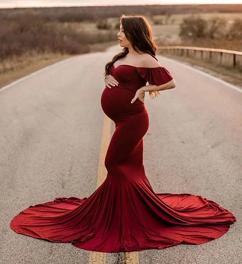 Mermaid Maternity Cotton Dresses Photo Shoot Pregnant Women Sexy Shoulderless Pregnancy Baby Shower Photography Props Clothes