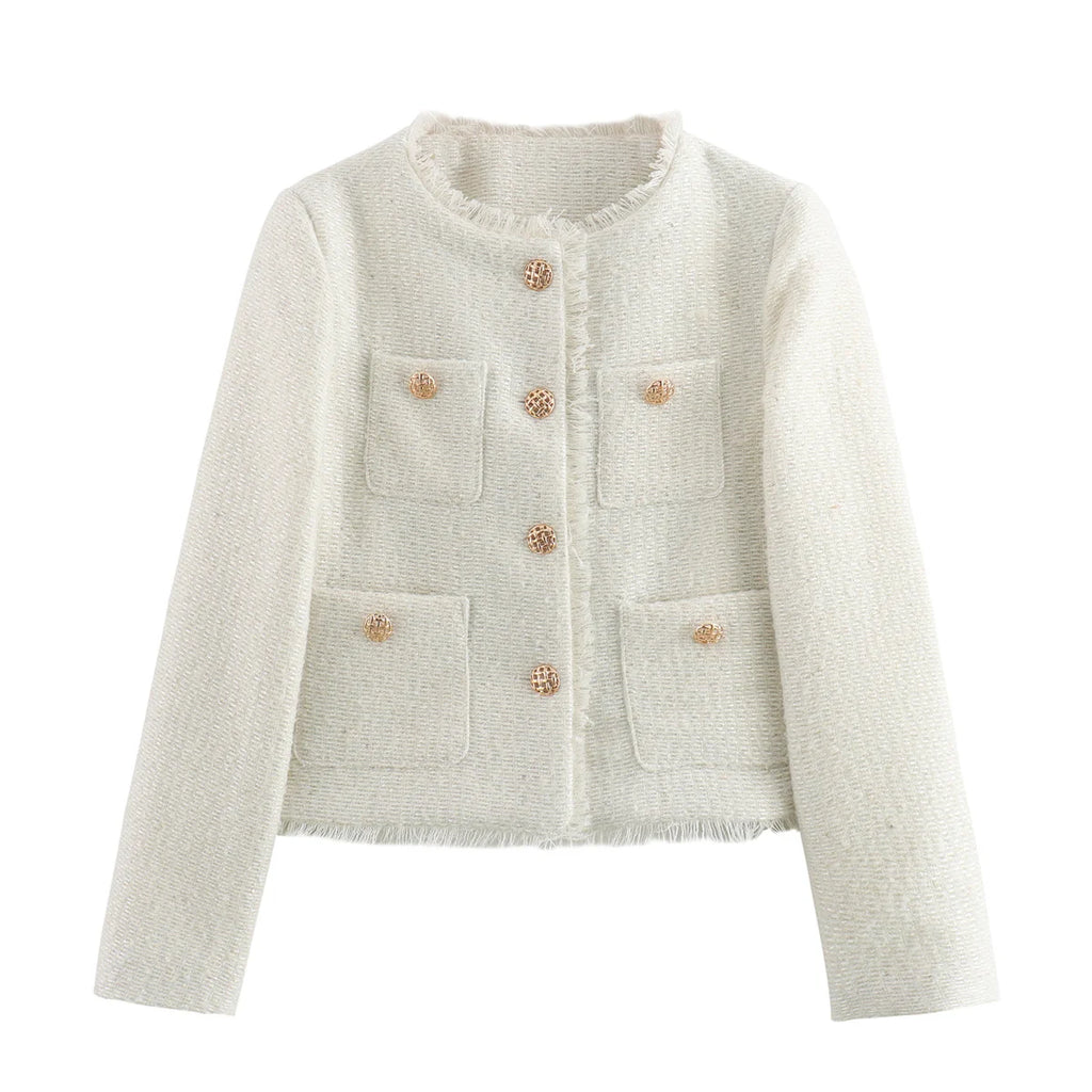 Women Elegant Tweed Cropped Jacket Autumn Button Frayed Long Sleeve Jackets 2024 Female Fashion O-neck Pocket Short Coats