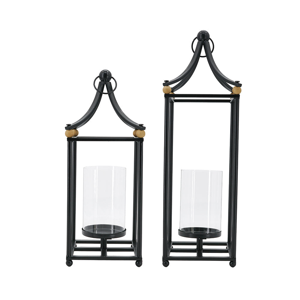 Set of 2 Black Arched Iron Lanterns with Clear Glass Hurricanes