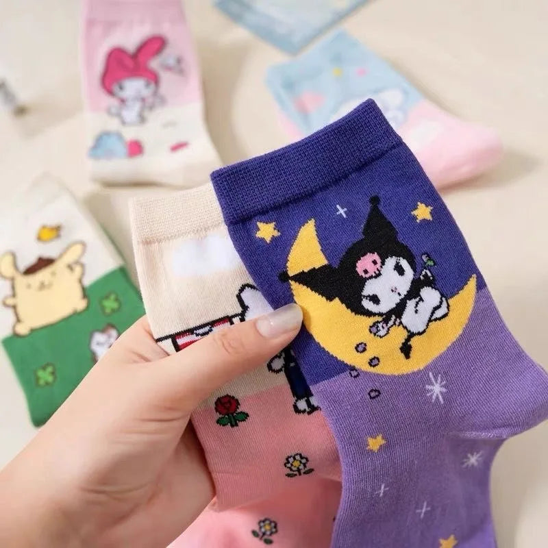 Cartoon Sanrio Hello Kitty Women's Socks My Melody Cute Girl Mid-tube Cotton Socks Kawaii Student Sock Girl Kids Christmas Gift