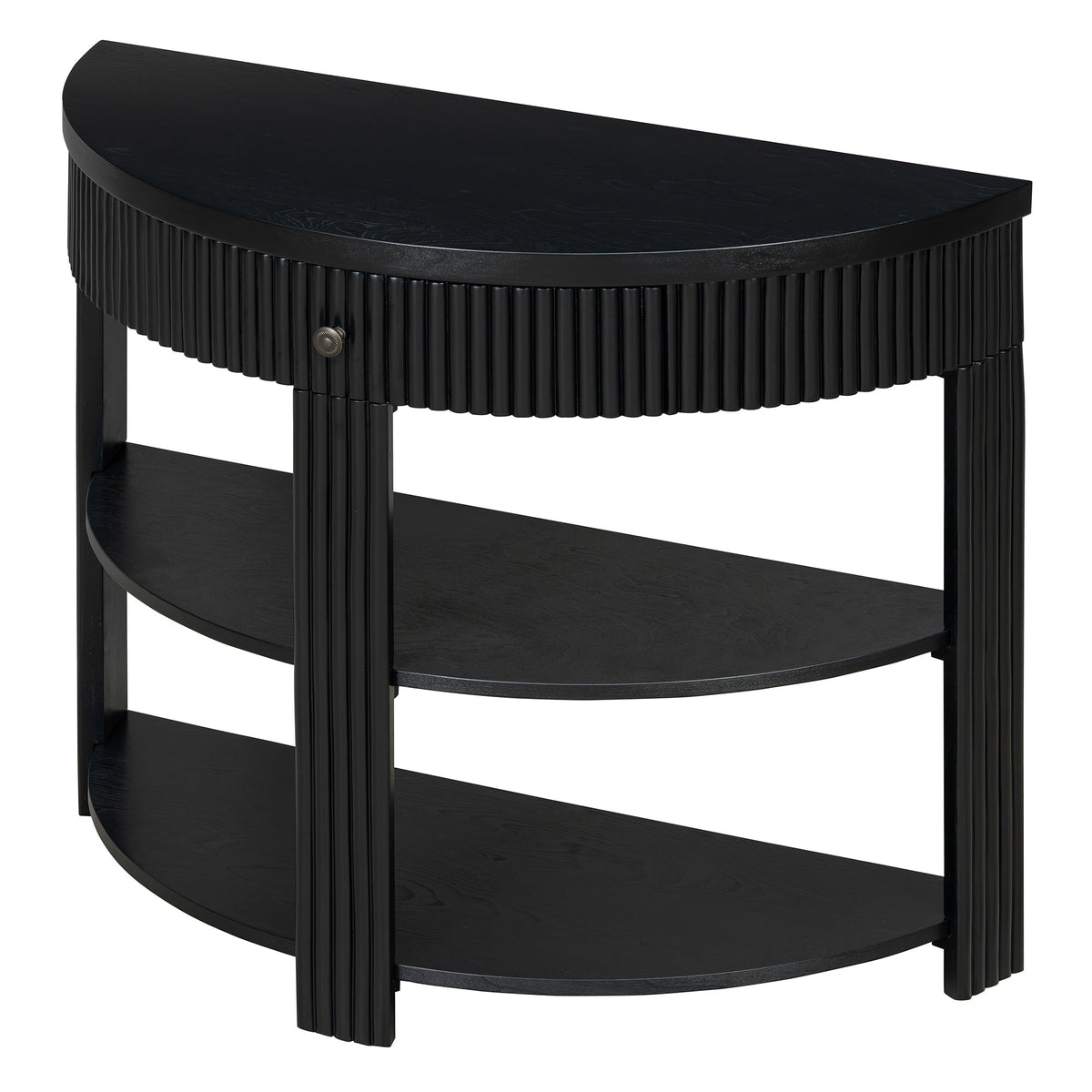 Fluted Half Moon Console Table with Drawer and 2 Shelves for Entryway,