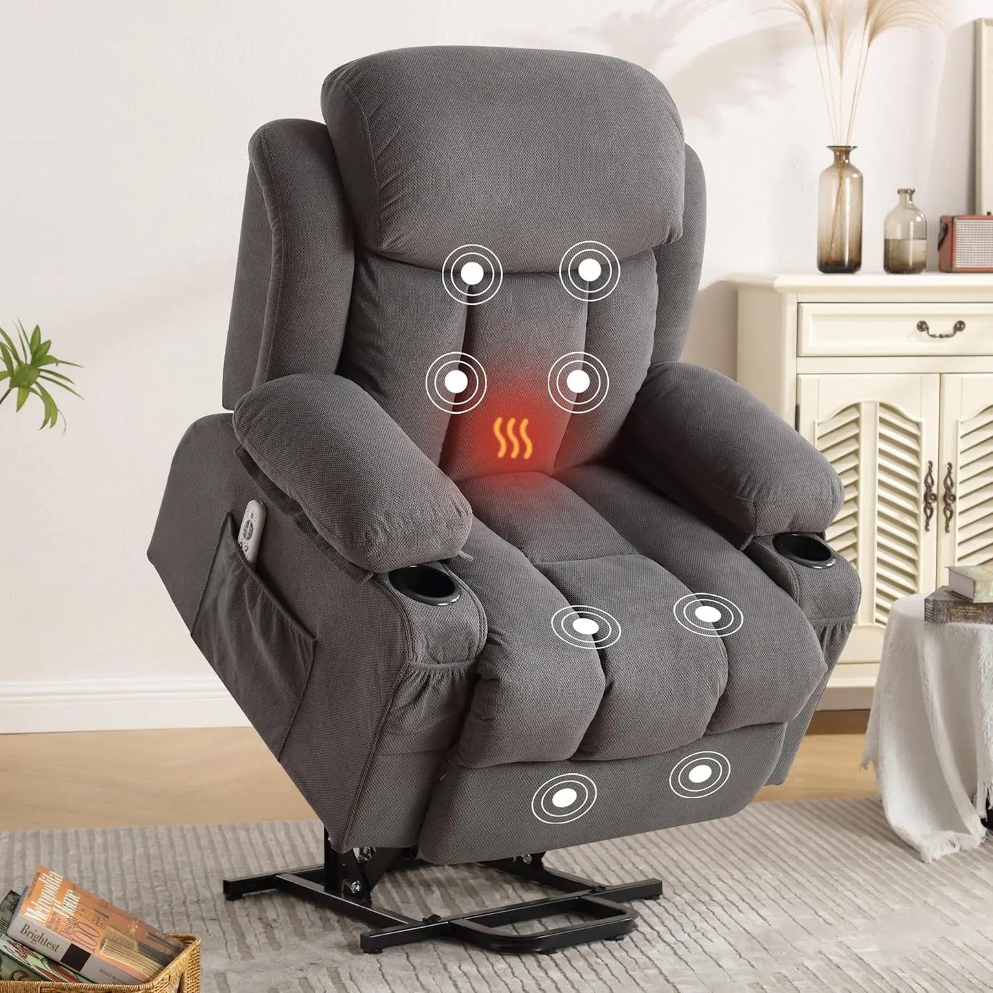 Power Lift Recliner Chair with Heat and Massage Electric Fabric Recliner Chair for Elderly with Side Pocket, USB Charge Port,