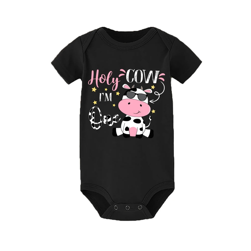 Holy Cow I Am One Family Matching Clothes Baby One Birthday Dad Mom Sis Bro T-shirt  Cute Cow Family Look Outfit Top Baby Romper