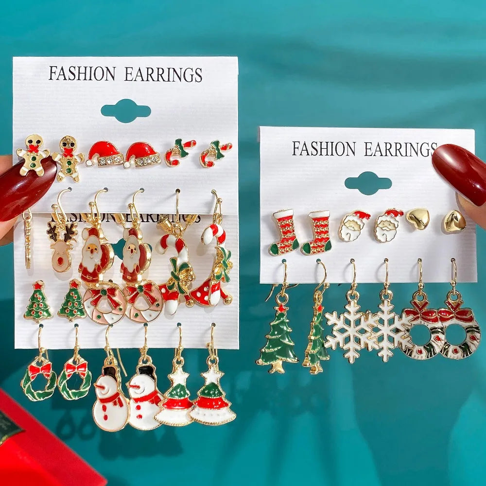 6 Pairs New Christmas Set Cross border Hot Selling Cartoon Dripping Oil Elk Santa Claus Christmas Tree Earrings for Women